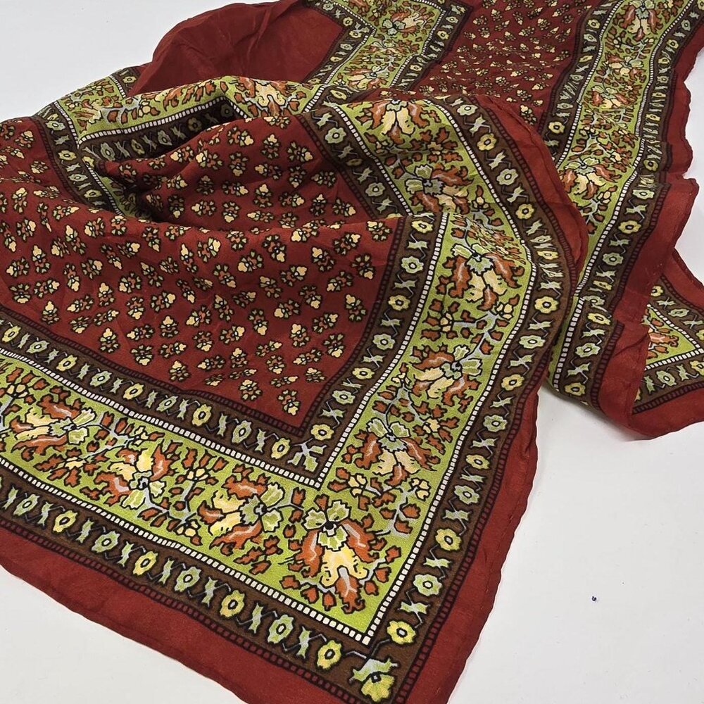 Silk-Feel Floral Border Wrap Scarf in Rust